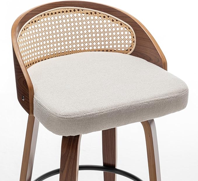 26" Swivel Rattan Bar Stools Set of 3 Mid-Century Modern Beige Linen Fabric Upholstered Counter Height Stools,Kitchen Island Barstools with Rattan Low Backrest,Walnut Wood Finish Bar Chair