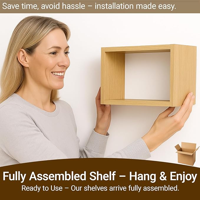 Premium Light Oak Floating Cube Shelves, Eco-Friendly Wood Box-Style Wall Storage Display Set of 3 — Pre-Assembled, Ready to Use, Modern Decorative Wall Shelf Units for Living Room, Bedroom & Office