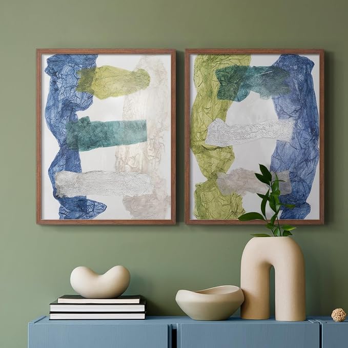 Renditions Gallery Set of 2 Peel & Stick Framed Prints, Elegant Abstract Wall Art, Dyed Cloth Texture Wall Decor, Re-Stickable - Ready to Hang - 22"x28" - Walnut Frame LT588