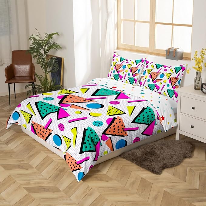 Memphis Duvet Cover Hipster Retro Bedding Set,80s and 90s Hip Hop Funky Comforter Cover Colorful Pop Art Inspired Pattern Twin Bed Set,Watercolor Eighties Memphis Geometrical 80s Bedroom Decor