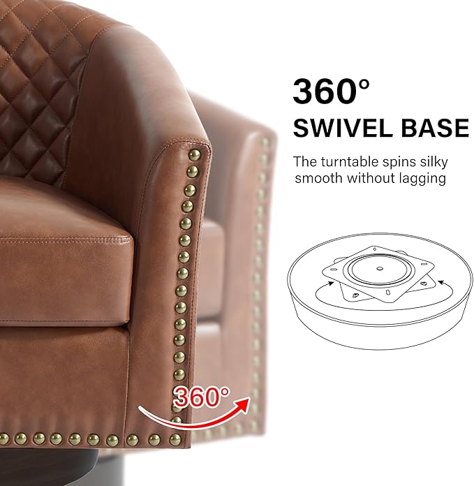 Swivel Barrel Accent Chair, Comfy Modern Upholstered Round Faux Leather Arm Chair for Living Room, Bedroom（Brown, Set of 2