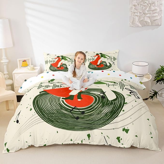 Erosebridal Retro Music Bedding Set Queen for Adults - Romantic Couple Dance Duvet Cover Vintage Vinyl Record Comforter Cover,Trendy Musical Notes Bed Set
