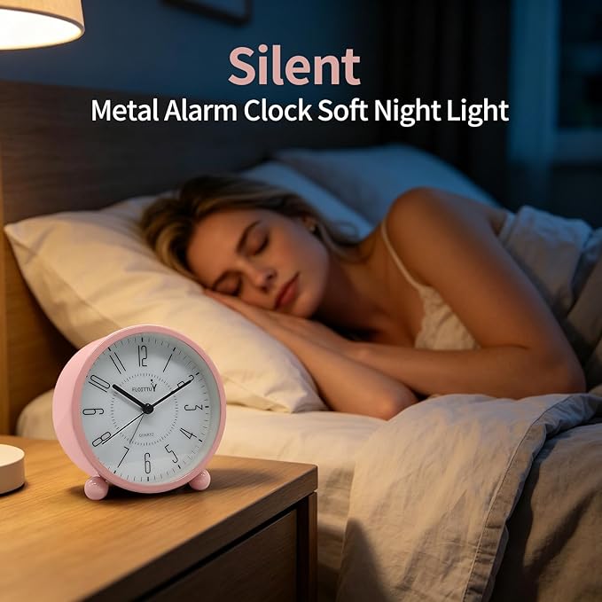 FLOITTUY Super Silent Metal Alarm Clock,Beep Wake Round Alarm Clock with Night Light,Battery Operated,Easy Set,Simple & Retro for Desk, Bedroom and Home Decoration(Pink)