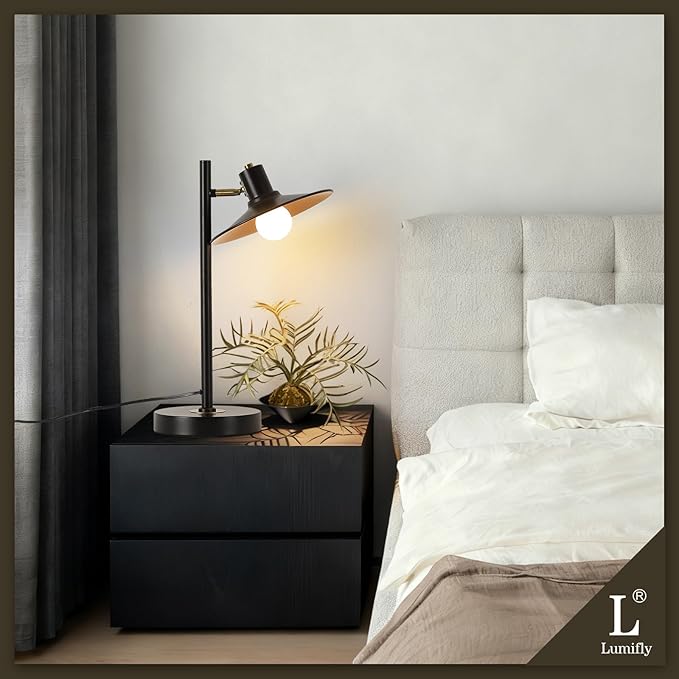 Modern Desk Lamp Black Gold Table Lamp Metal Reading Light with Adjustable Swivel Arm Reading Lamp for Nightstand Bedside Table, Office Desk, Living Room