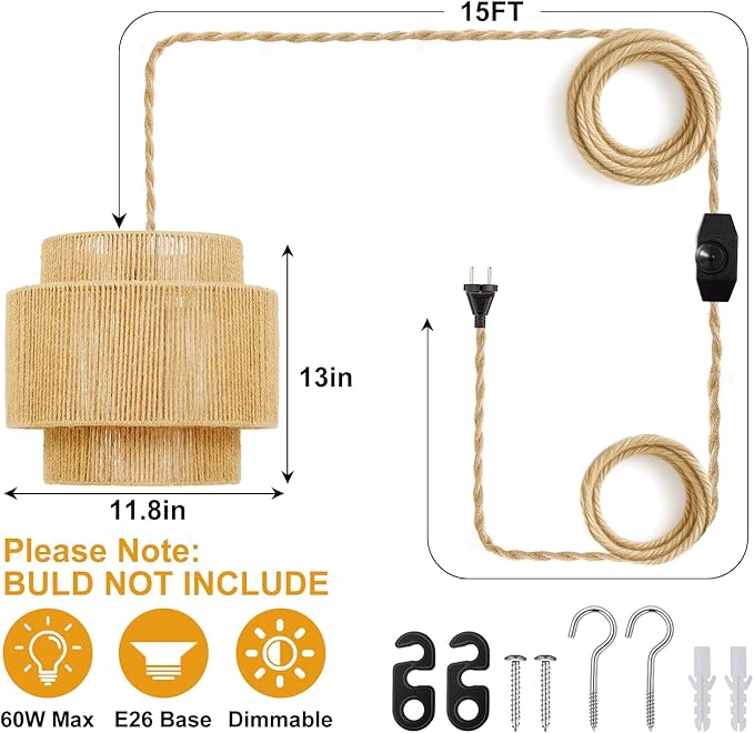 Boho Plug in Pendant Light Dimmable Switch, Wicker Hangings Lights with Plug in Cord 14.7ft Hemp Rope, Rattan Lampshade Hanging Pendant Light, Jute Hanging Lamp for Kitchen Dining Room Bedroom