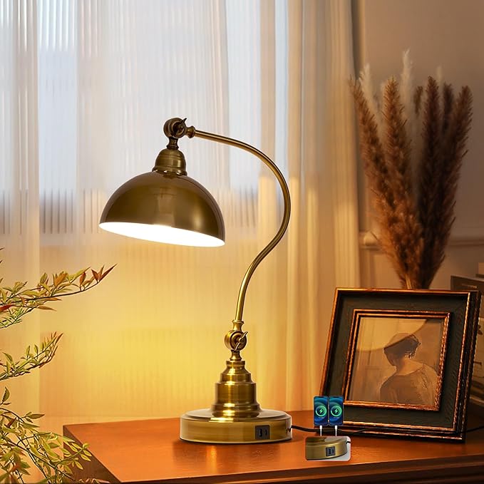 Antique Gold Vintage Desk Lamp Decorative Table Lamp for Home Office Living Room Bedroom Desk Light, Rustic Industrial Farmhouse Antique Library Study Desk Lamp E26 LED Bulb Included