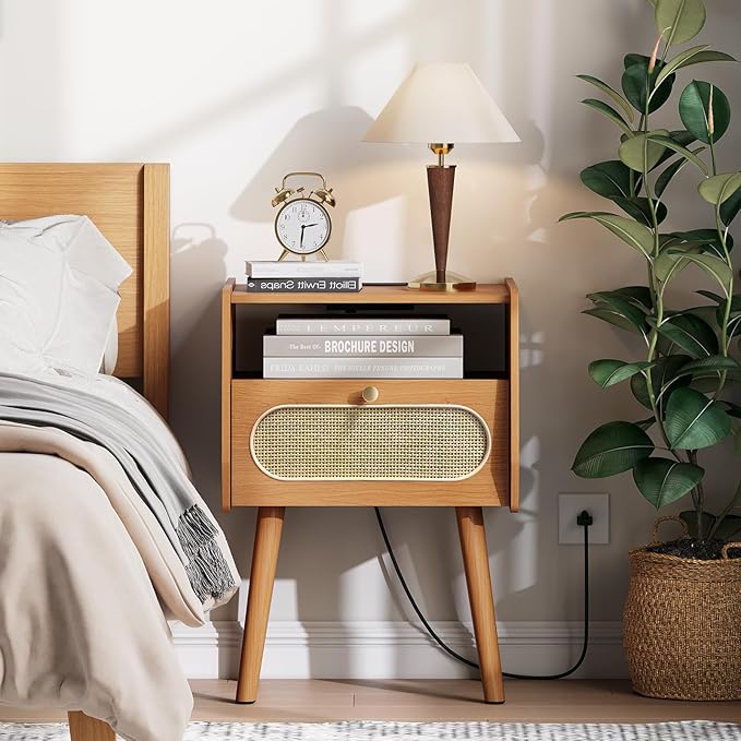 Night Stand Set 2, Rattan Nightstands Set of 2 with Charging Station, Mid Century Modern Bedside Table with Drawer, Boho End Table with Solid Wood Legs, Side Tables for Bedroom, Small Space, Cherry
