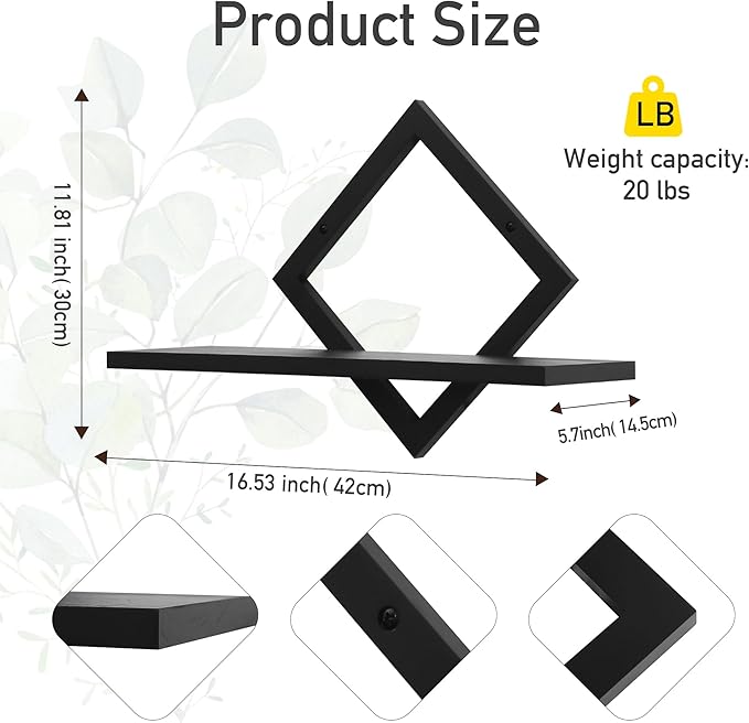 Floating Shelves for Wall,Decorative Wall Shelf,Hanging Shelf for Plants Storage Display Holder,Indoor Decor for Living Room Home Office Bathroom Bedroom,Solid Wood,Diamond Shaped,2 Pack(Black)