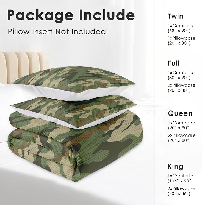 Pamnest Comforter Set King Size, Military Camouflage Soft 3 Pcs Bedding for Kids and Adults, Army Green Camo Comforter Set with 2 Pillowcases for Bedroom Bed Decor