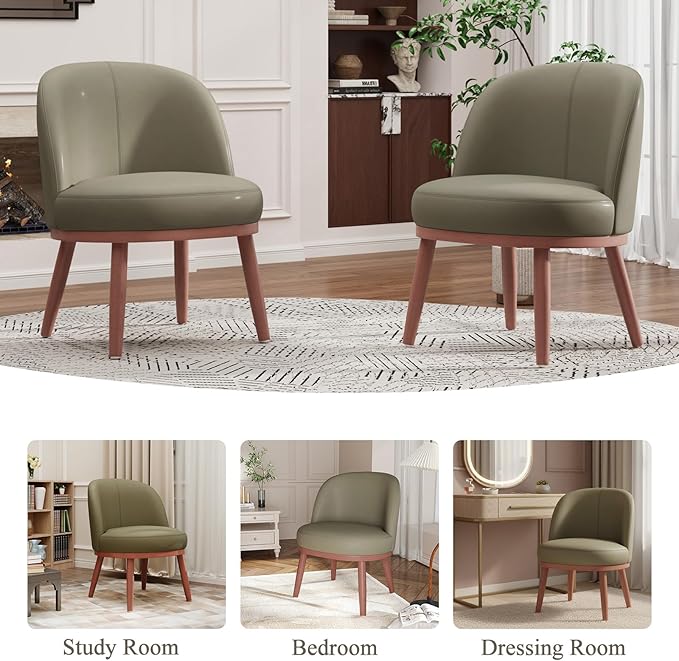 Accent Chair Mid-Century Modern Chair PU Leather Upholstered Armless Chair Set of 2, Suitable for Living Room, Bedroom, Balcony,Olive Green
