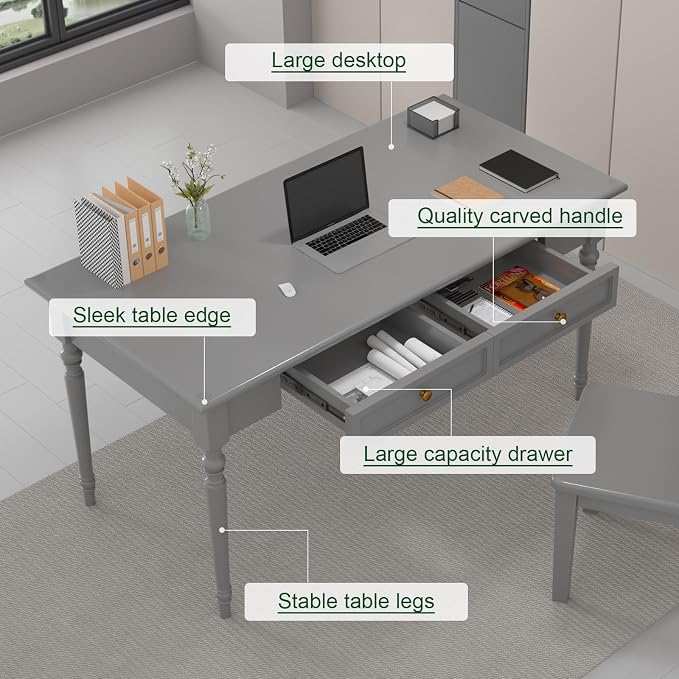 Solid Wood French Country Desk,Writing Desk with Storage Drawers,Farmhouse Computer Table Makeup Table Modern Simple Style,for Home Office Living Room Study Workspace Bedroom (Grey, 47.2IN)