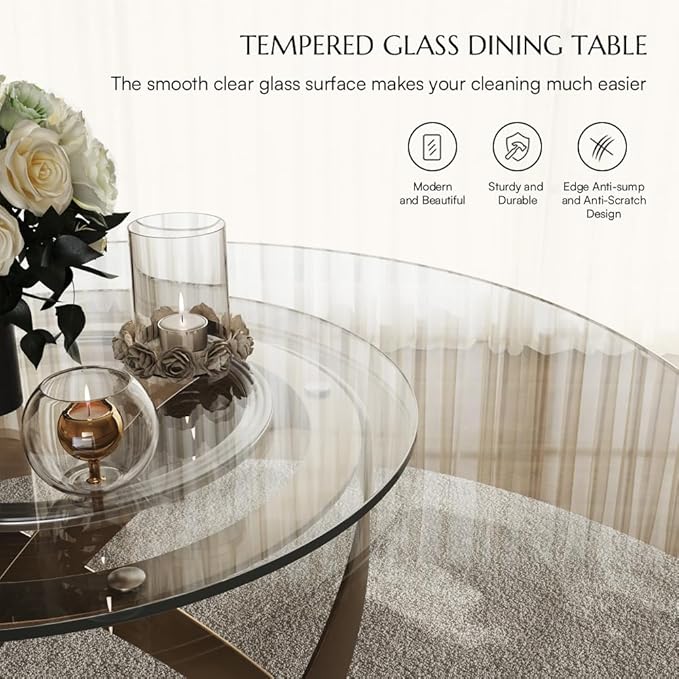 POVISON 59" Modern Round Dining Table with Lazy Susan, Glass Round Kitchen Table for 6, Glass Dining Room Table Top with Bronze X Carbon Steel Base for Dining Room (Dining Table Only)