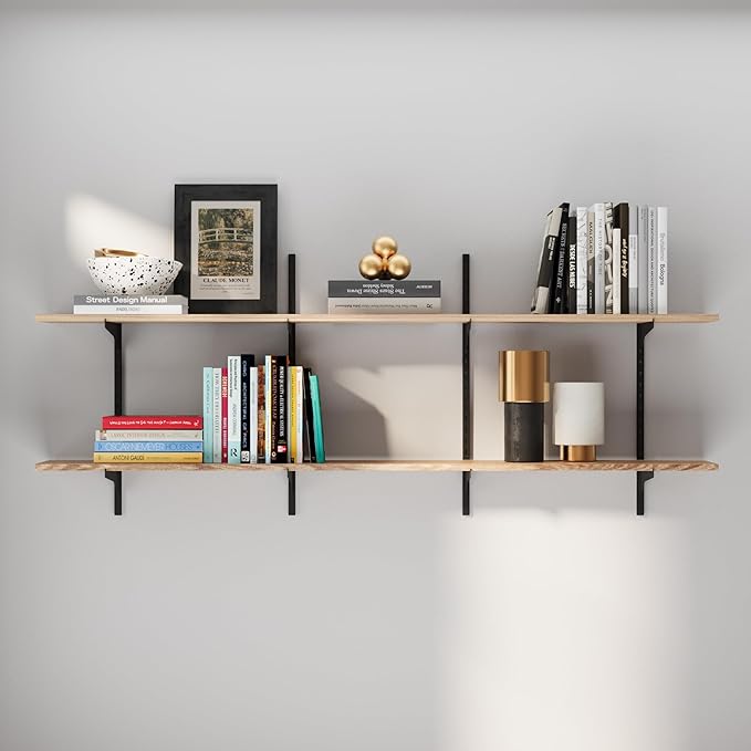 Wallniture Turin 60 Inch Long Adjustable Wall Shelf, Hanging Shelves for Wall, 8" Deep Black Floating Shelves, Living Room Shelf Decor, Office Wall Shelves, Kitchen Storage Shelves, Tier Shelf