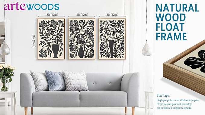 arteWOODS Botanical Framed Wall Art - Neutral Abstract Pictures Vintage Boho Floral Wall Decor Black Beige Minimalist Prints Aesthetic Vase Flowers Painting Artwork 16" x 24" Set of 3 Natural Framed