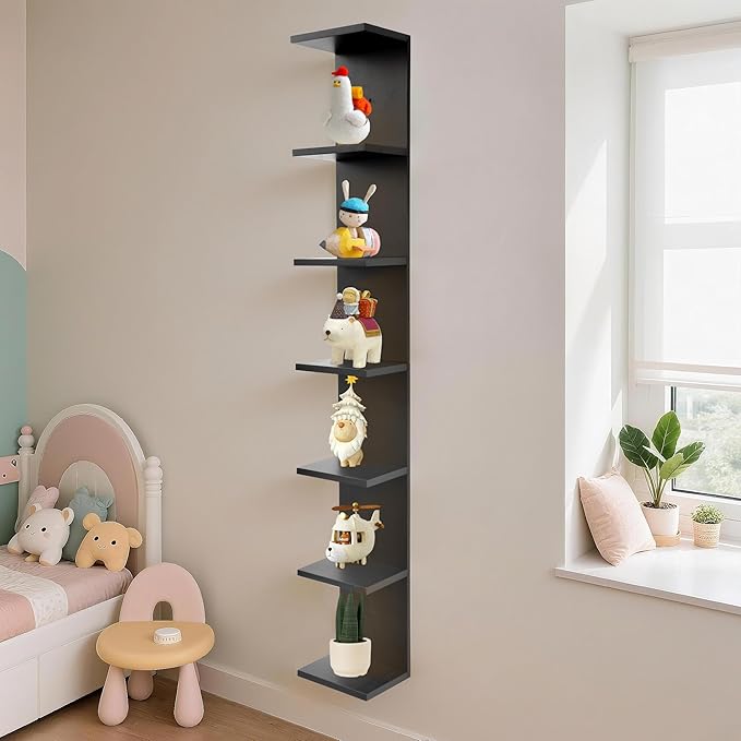 7 Tier Wall Shelf Unit,Vertical Column Floating Storage Home Decor Organizer,Black Lack Wall Shelf for Bedroom,Living Room,Office Decor(1 Pack)
