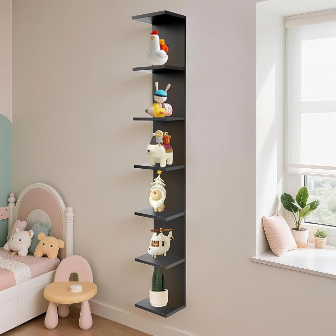 7 Tier Wall Shelf Unit,Vertical Column Floating Storage Home Decor Organizer,Black Lack Wall Shelf for Bedroom,Living Room,Office Decor(2 Pack)