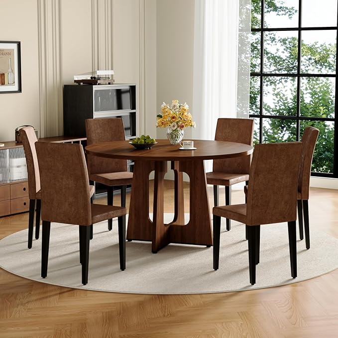 47" Round Dining Table Set for 6, Walnut Wood Grain Table and 6 Brown Suede Upholstered Chairs Set, Mid Century Modern Kitchen Table Set with Cross Legs