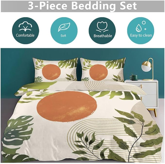 Green Leaf Bedding Set,Mid Century Tropical Plant Palm Leaves Abstract Minimalist Geometic Boho Modern Comforter Set with Pillowcase for Bedroom Bed Decor,Full 79"x90"