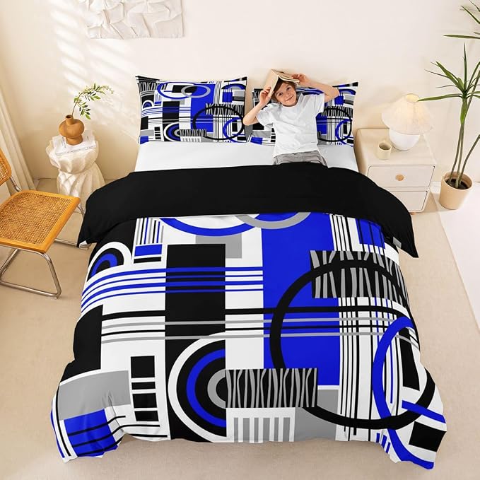 Erosebridal Art Deco Mid Century Duvet Cover Set Retro Modern Abstract Geometric Full Size Bedding Sets for Kids Boys Black and White Navy Blue Circles Stripes Comforter Cover Contemporary Bed Set