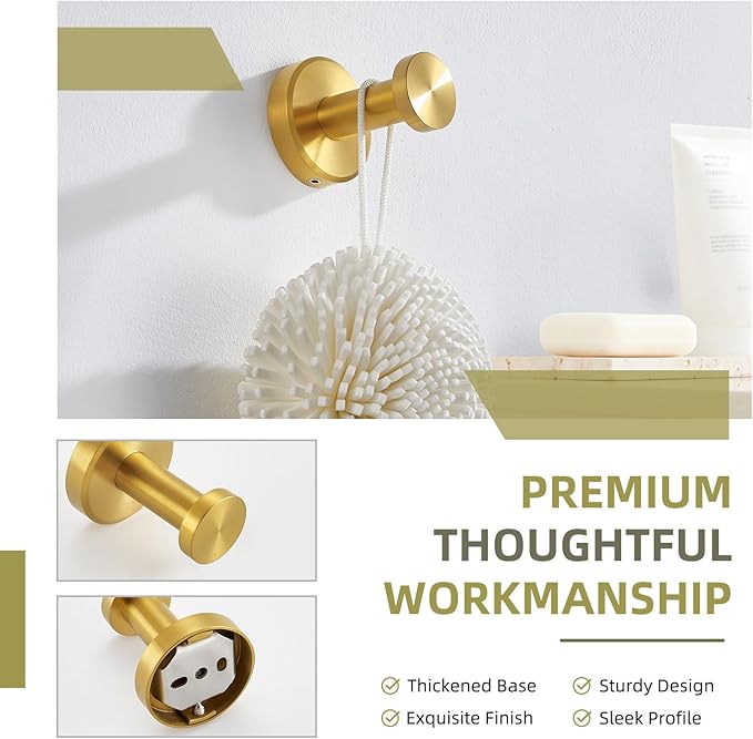 Angle Simple Robe and Towel Hook, SUS304 Stainless Steel Bathroom Robe Hook, Small Towel Hanger for Wall or Cabinet, Brushed Dark Gold