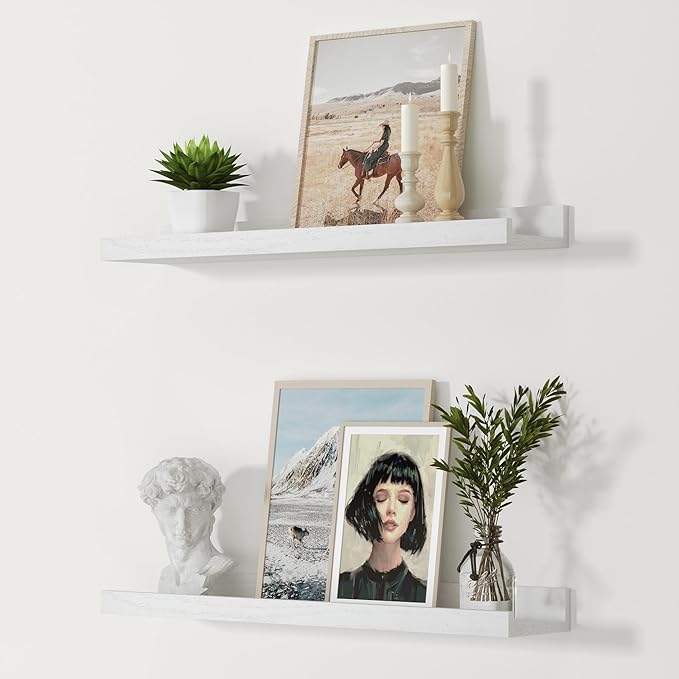 24 Inches Long Floating Shelves Wall Mounted, Picture Ledge Shelf for Wall Decor Living Room Bathroom Kitchen,2 Set Rustic White Wall Shelf for Bedroom, Nursery Book Shelf with Lip