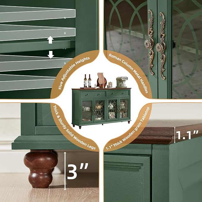 Large Sideboard Buffet Cabinet Set of 2 with Storage,59" Credenza with 4 Glass Doors & 2 Drawers,Adjustable Shelves Coffee Bar,Wood Kitchen Console Table for Dining Room,Green