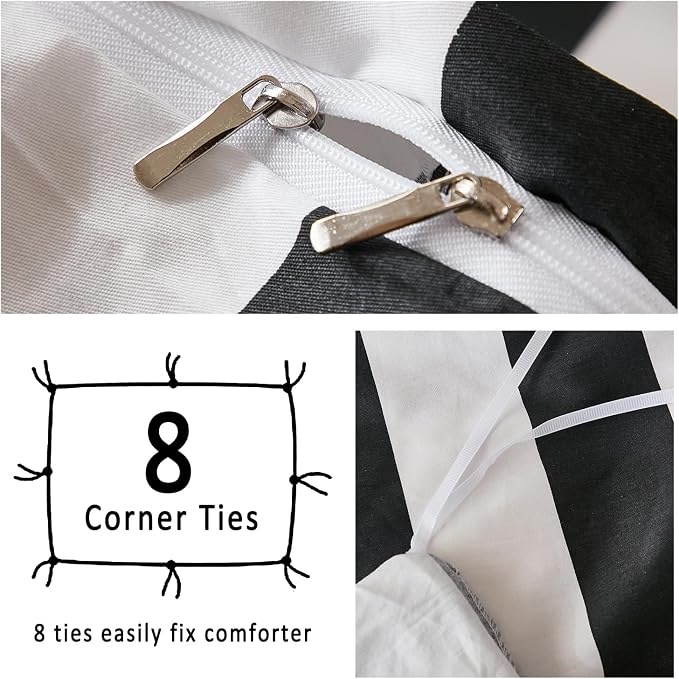 Merryword Black and White Striped Duvet Cover Set Queen Size - 100% Cotton Duvet Cover Set with Zipper Closure & 8 Corner Ties, 3-Piece Luxury Linen Like Bedding Set for All Seasons