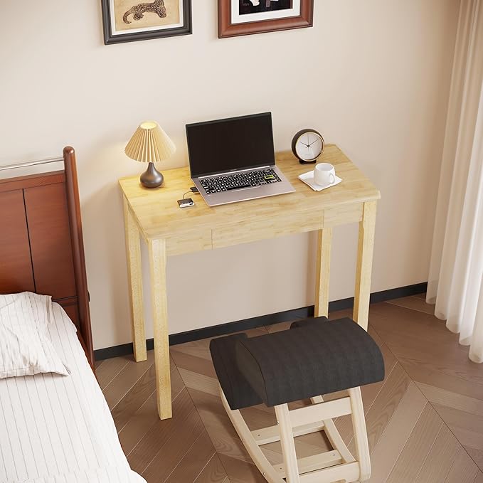 Solid Wood Desk with Drawers - 32 x 16 Inch Simple Narrow Desks, Rubber Wood Study Table, Small Writing Desk for Bedroom|Small Spaces - Natural Boho Desks