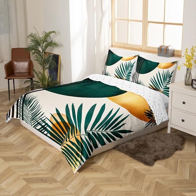 Feelyou Palm Leaf Duvet Cover Twin Size Kids Modern Abstract Art Bedding Set Boys Girls Boho Bohemian Style Comforter Cover Set Exotic Floral Mid Century Geometric Bedspread Cover(No Comforter)