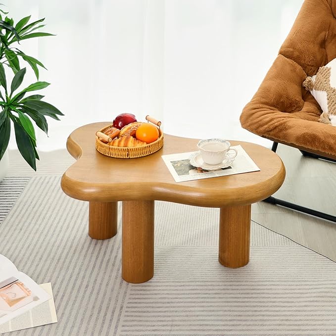 34"(L) Cloud Coffee Table, Modern Wood Coffee Table for Living Room, Accent Center Tables with 3 Legs, Small Tea Tables for Balcony, Patio, Bedroom, Wood