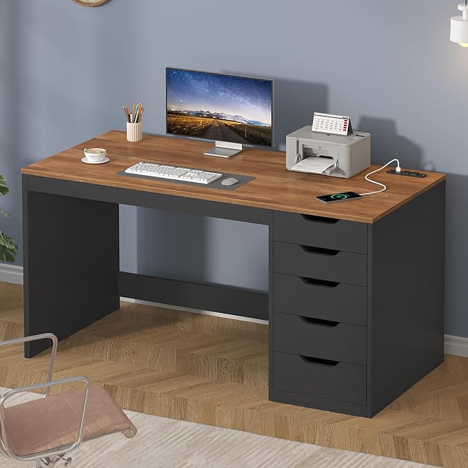 YOMILUVE 47 Inch Computer Desk with 5 Drawers and Power Outlets, Home Office Desks with Storage File Cabinet, Modern Simple Laptop Desk Writing Table for Small Spaces, Brown and Black