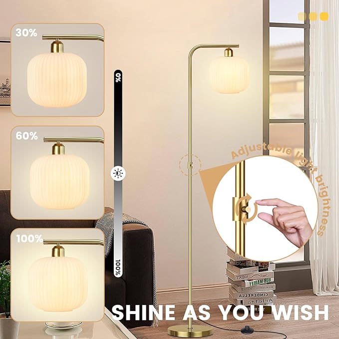 Floor Lamp for Living Room, Mid Century Modern Stadning Lamp with Cream White Glass Shade, Dimming and Pedal Switch, 67" Gold Tall Lamps for Bedroom Office Study Room