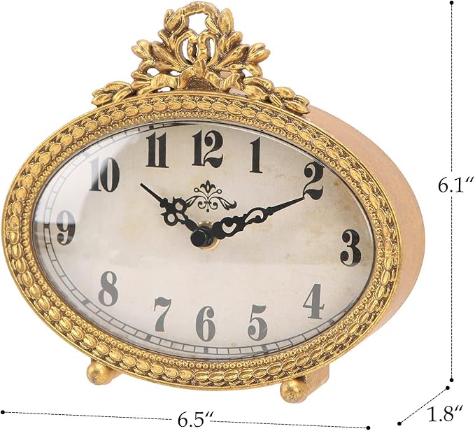 NIKKY HOME Vintage Table Top Clock, Silent Small Shelf Desk Clock Battery Operated Rustic Design, Home Decor for Living Room, Bedroom, Bedside, Gift Clock - Gold