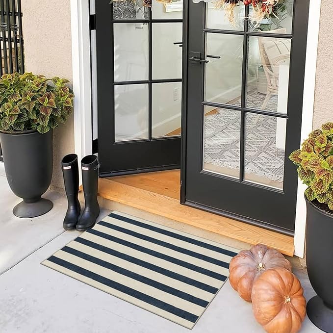 Blue and White Striped Outdoor Rug - 2x3 Non-Slip Front Door Mat Outside Entrance Washable Doormat Indoor Outdoor Entry Rug Small Layered Rugs for Entryway Kitchen Front Porch Decor