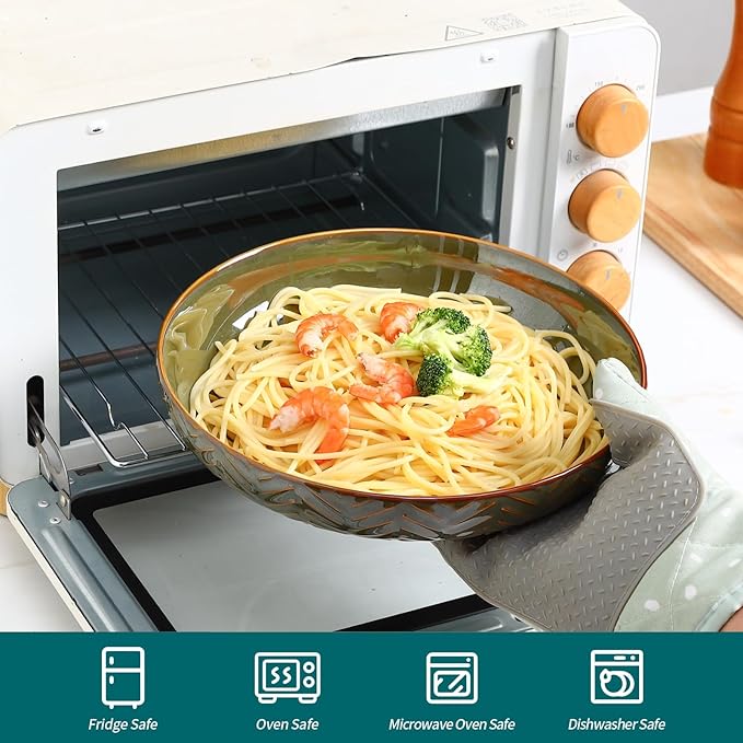 Sureasy 9.7" Pasta Bowls Set of 4-42 oz Large Salad Bowls for Kitchen, Embossed Ceramic Serving Bowls for Fruits, Soup, Pasta and Salad, Microwave & Dishwasher Safe, Green
