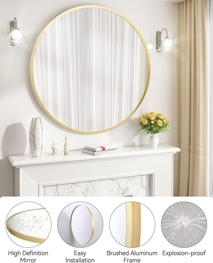 18 Inch Round Mirror, Gold Circle Mirror for Bathroom, HD Eco-Friendly Round Bathroom Mirror for Over Sink, Small Matte Gold Metal Framed Wall Mirror for Wall, Vanity, Entryway, Easy to Install
