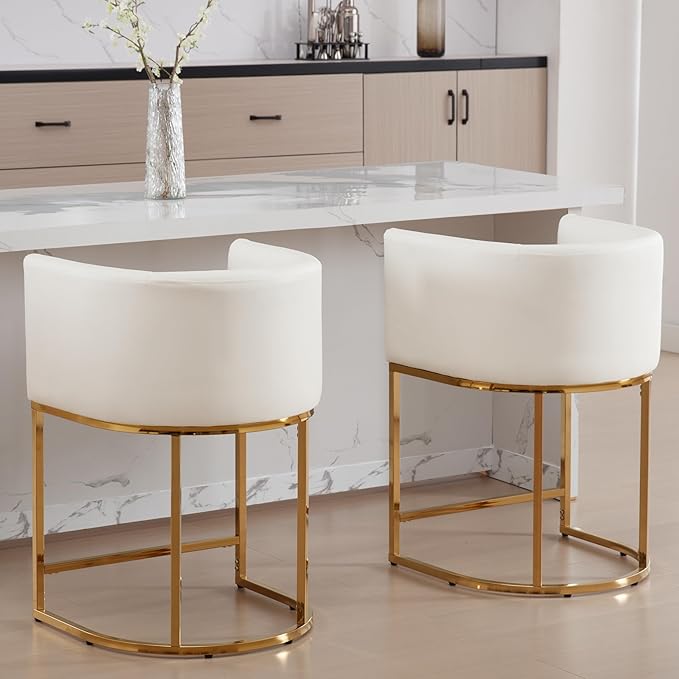 PU Leather Bar Stools, Modern Upholstered Counter Height Bar stools 24" Leather Barstools Barrel Kitchen Counter Island Stools with Golden Metal Base, White