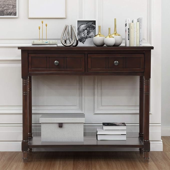 SOFTSEA Farmhouse Console Table with Drawers & Shelf, 35" Entryway Table with Storage, Solid Wood Sofa Couch Table for Hallway, Espresso