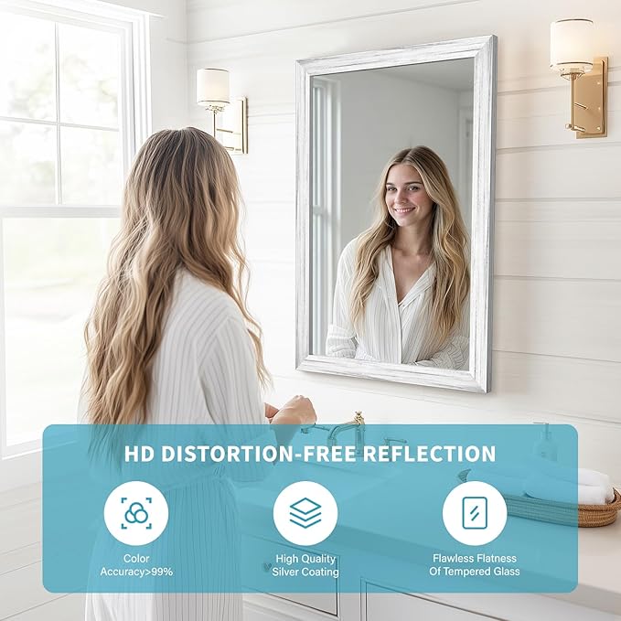 White Wood Effect Framed Wall Mirror, 20x30 Rectangle Mirror, 1/8" Anti-desilvering Tempered Glass, Sustainable& Sturdy Frame, Anti-Rust, HD Reflection &3min Fast Setup for Bathroom Living Room