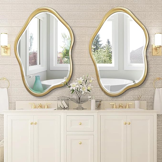Irregular Wall Mirror, 24"X36" Gold Asymmetrical Bathroom Vanity Mirror, Framed Cloud Mirror for Washroom, Bedroom, Entryway
