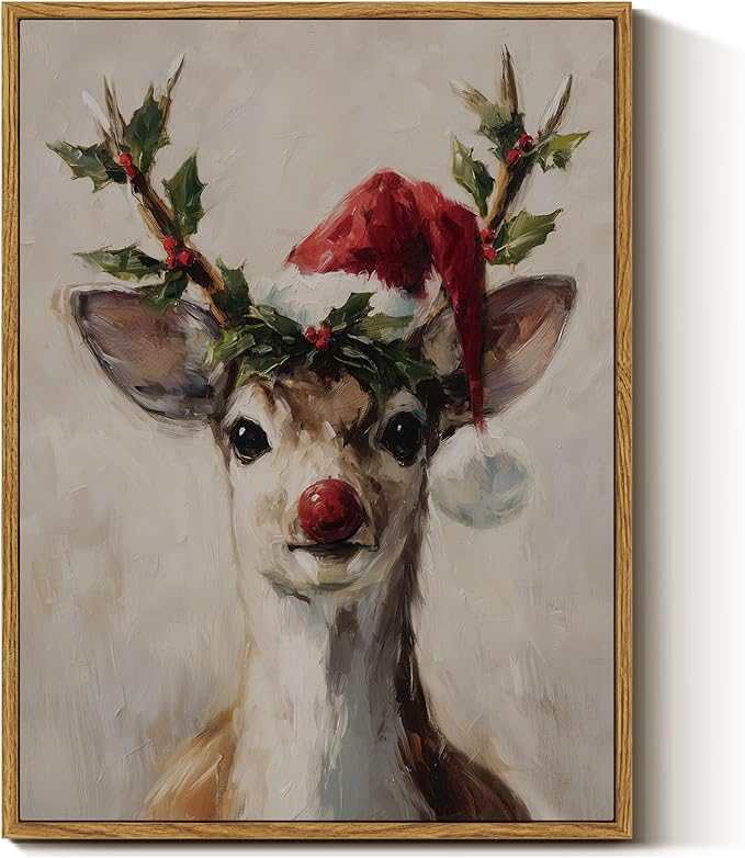 InSimSea Christmas Decor Framed Wall Art, Elk wearing a Santa hat Canvas Painting, elegant Holiday decor Unique Christmas Gifts For Table Wall Farmhouse Mantel Home Office 16L x 12W