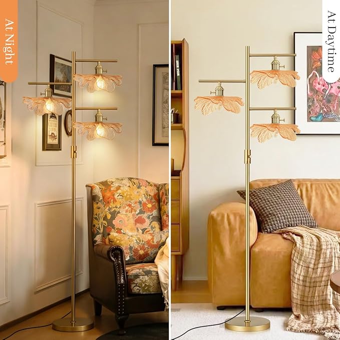 Amber Glass Floor Lamp, Dimmable Gold Standing Lamp with Leaf Lampshade, Three-Way Switch Control, 3-Light Tree Floor Lamp Mid Century Modern Tall Lamp for Living Room Bedroom Office Study