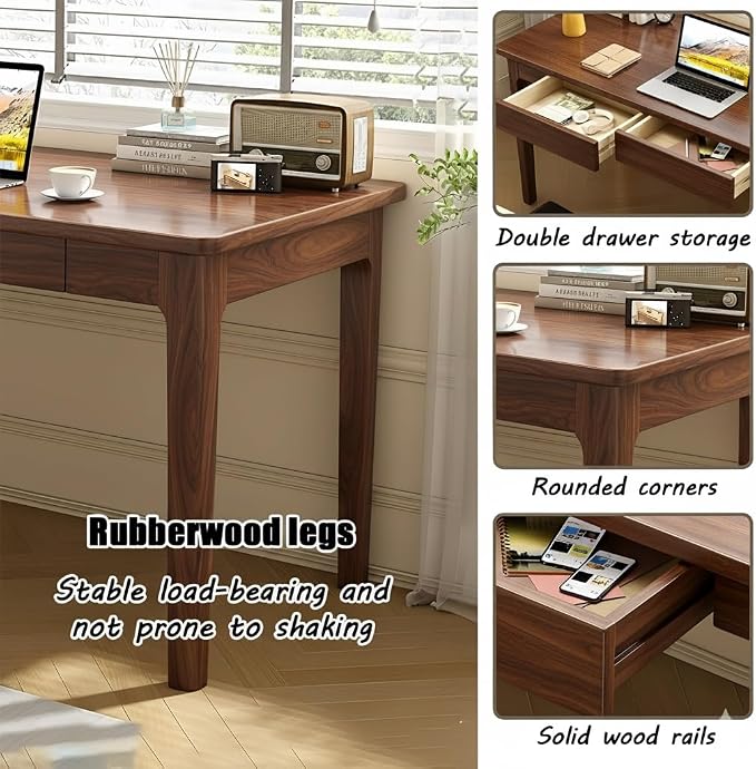 Mid Century Modern Desk with Drawers,39.4 inch Solid Wood Writing Desk for Home Office Bedroom,Small Computer Desk for Spaces Easy Assembly Walnut
