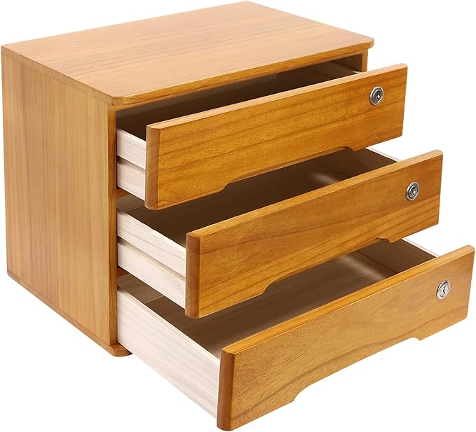 Desktop File Organizer with Lock, 2/3/4 Tier Multi-Drawer Wooden Storage Cabinet, Office Supply Organizer for Home Desk, Study & Workplace (Brown, 3 Layers)
