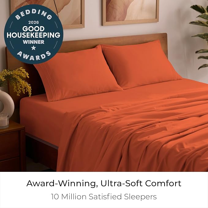 Mellanni Queen Sheets Set - 4 PC Iconic Collection Bedding - Hotel Luxury, Extra Soft, Cooling Bed Sheets - Wrinkle, Fade, Stain Resistant (Queen, Poppy Orange)