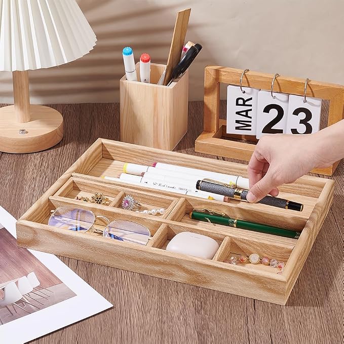 PH PandaHall 2pcs Wooden Desk Organizer Tray with Pen Holder Table Storage Box Drawer Organizer Tray Keys Watch Pencil Divided Trays for Home Office School Workspace Organization Desktop Accessories