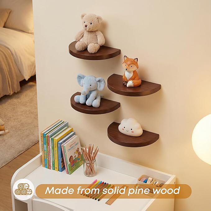 Small Wood Floating Shelves (2-Pack, 6-inch Diameter) - Round Sturdy Invisible Wall Mount Display for Small Plants,Toys,Bathroom,Living Room Storage & Modern Rustic Décor (Dark Walnut)