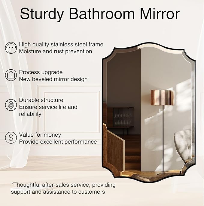 POZINO Rectangle Beveled Mirrors, 24"x40" Modern Vanity Mirror for Over Sink, Matte Black Scalloped Mirrors for Wall, Irregular Wavy Shaped Mirror for Bathroom Living Room Bedroom Fireplace Entryway