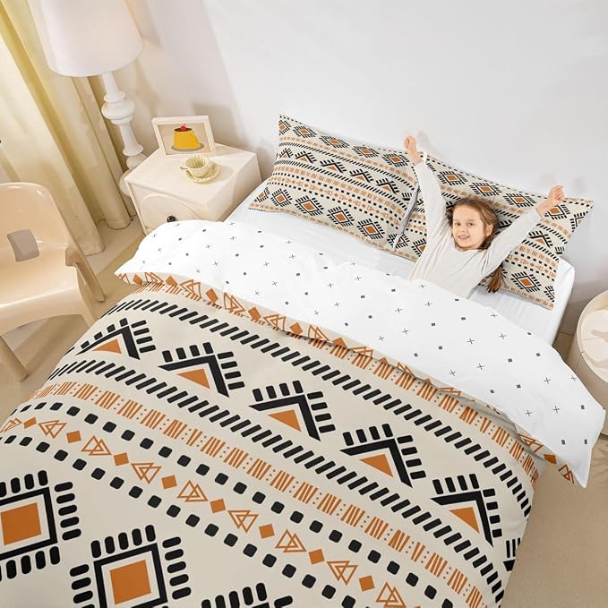 Bohemian Aztec Comforter Cover Boho Hippie Bed Set, Western Tribal Pattern Duvet Cover Queen Size Native Indian American Bedding Sets, Abstract Geometric Bedspread Cover Beige Black Orange 3pcs