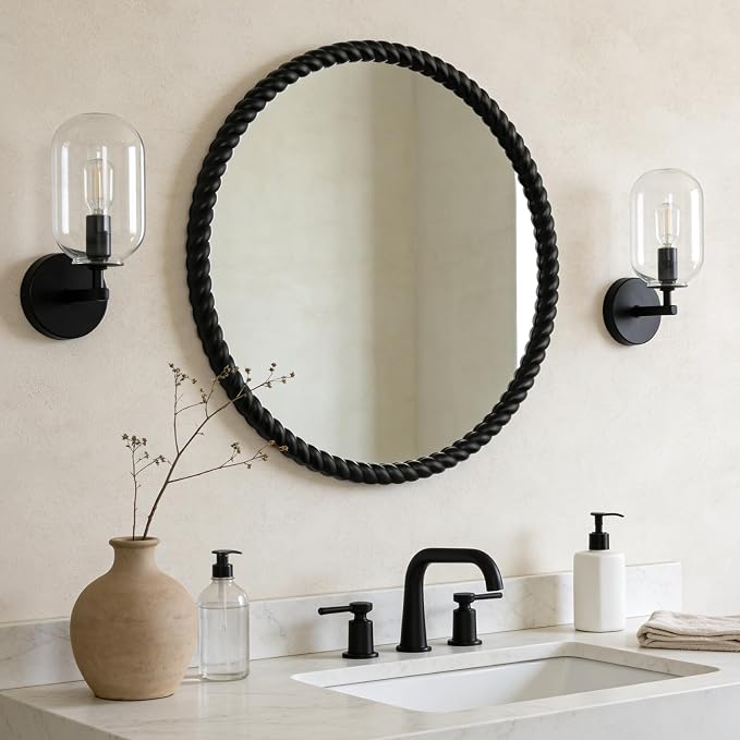WallBeyond 30" Round Mirror with Rope-Design Frame, Large Circle Wall Mirror for Bathroom, Bedroom, Entryway & Living Room, Black
